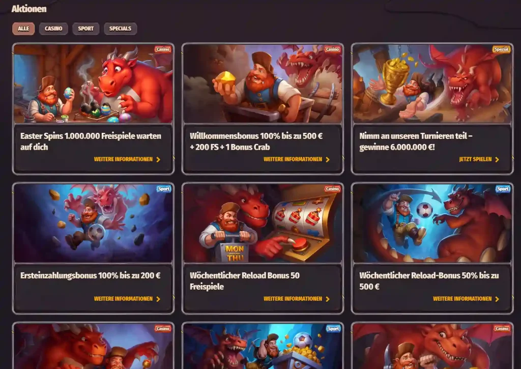 Dragonia Casino Aktionen und Bonusangebote Übersicht mit Willkommensbonus, Freispiele und Turnieren