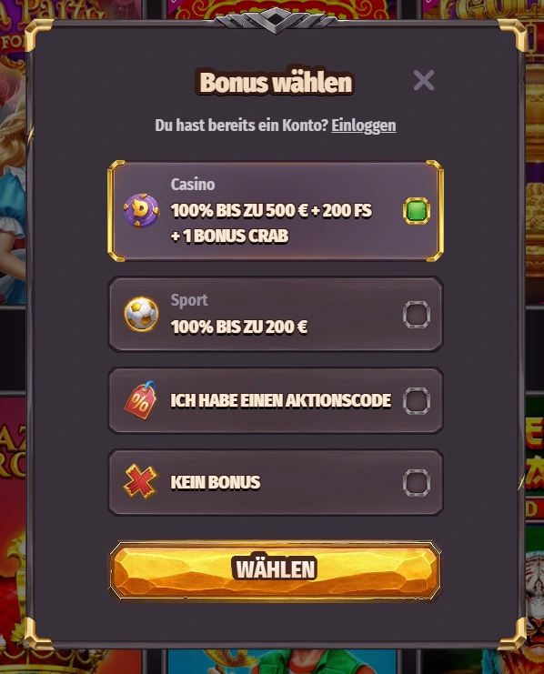 Dragonia Casino Bonus Auswahl Popup mit Willkommensbonus bis zu 500 Euro und Freispiele