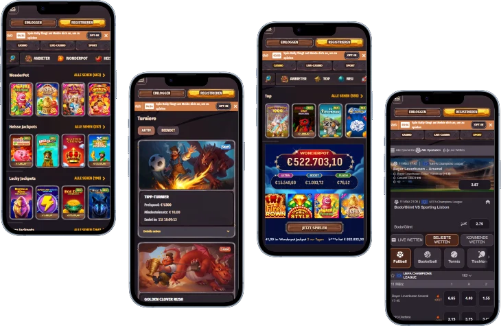 Dragonia Casino mobile Spieloberfläche auf Smartphones mit Slots, Turnieren und Sportwetten