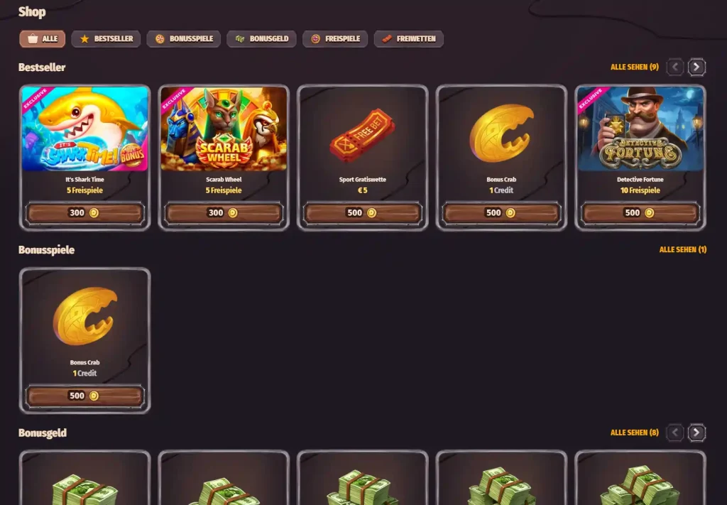 Dragonia Casino Shop Bereich mit Bonusangeboten wie Freispiele, Bonus Credits und Sport Freiwetten