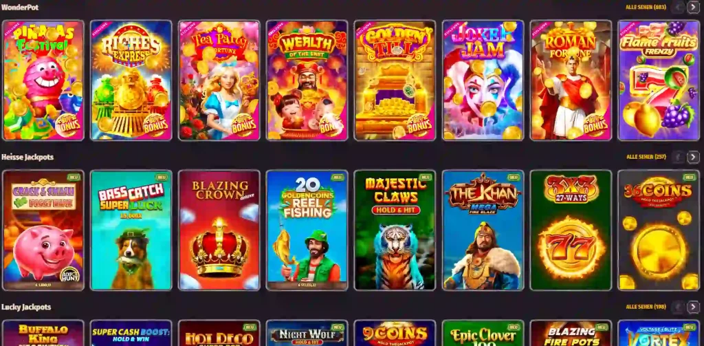 Dragonia Casino Slot Spiele Lobby mit verschiedenen Spielautomaten und Jackpot Kategorien
