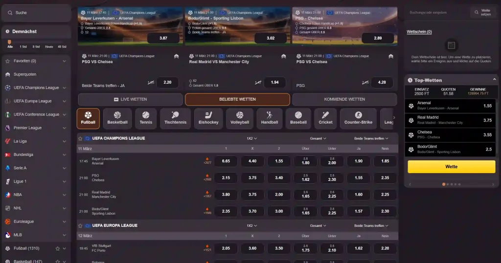 Dragonia Casino Sportwetten Bereich mit Fußballspielen der UEFA Champions League und verschiedenen Wettquoten