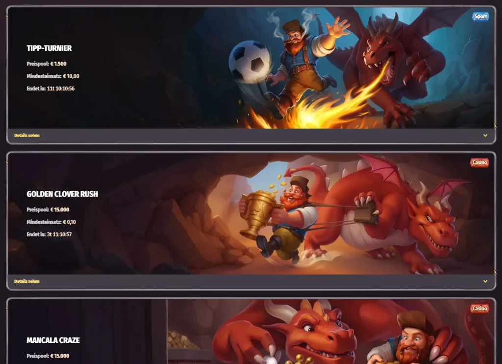 Dragonia Casino Turniere und Promotions Übersicht mit Tipp Turnier und Golden Clover Rush