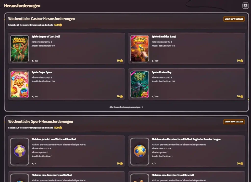 Dragonia Casino wöchentliche Herausforderungen mit Casino Spielen und Sportwetten Aufgaben